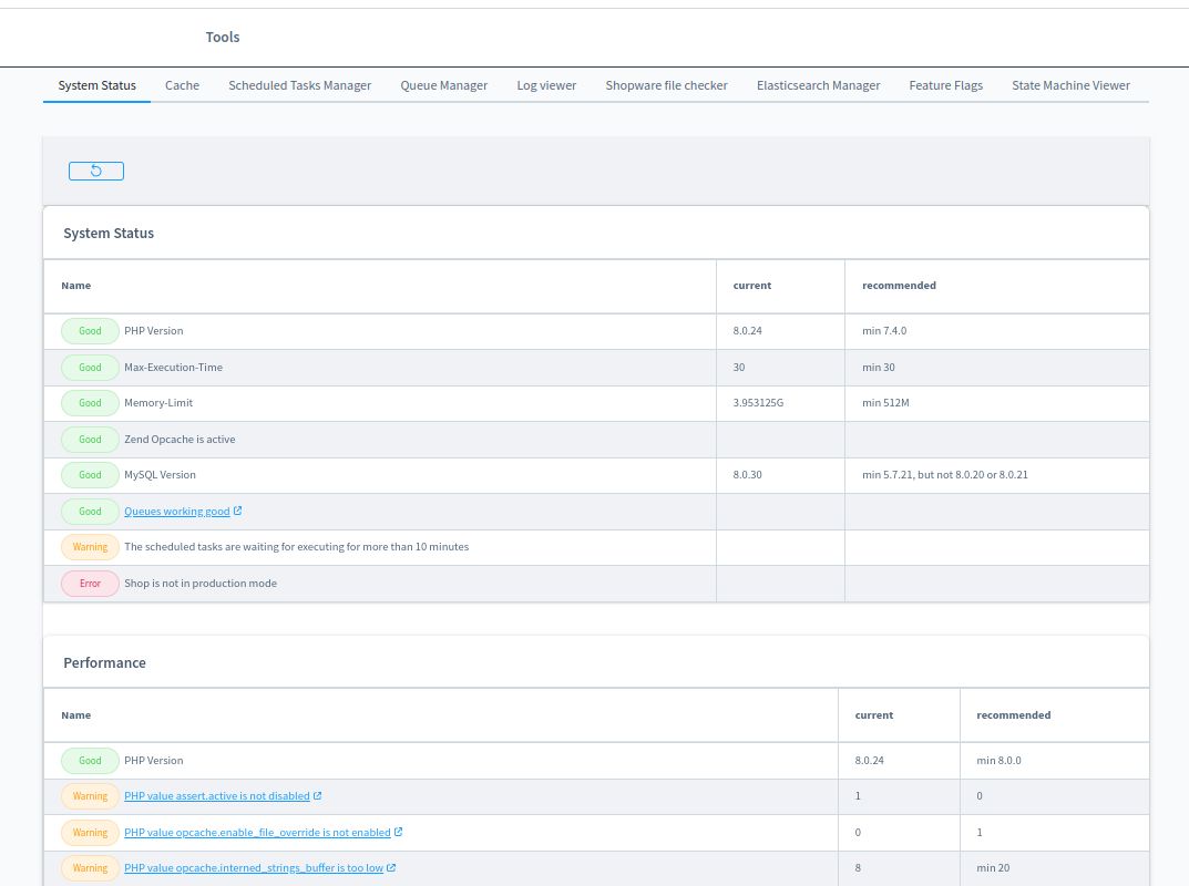 Settings > Extensions > Frosh Tools > System Status