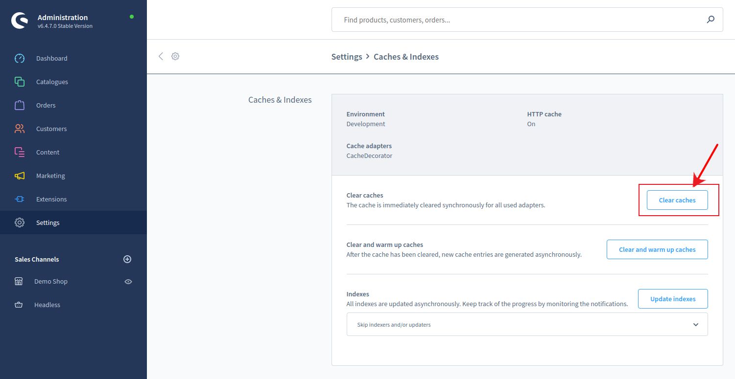 Settings > System > Caches & Indexes