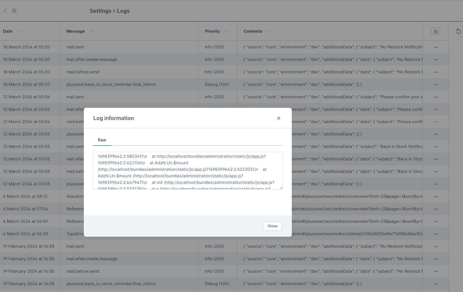 System Logs detail window